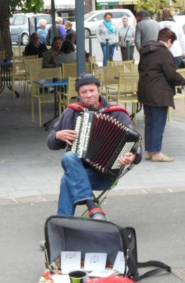 photo of man playing french accordion at La Bernerie market