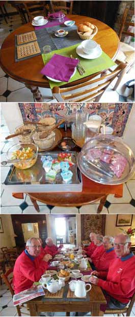photos of breakfast table and Bourne Rollers, a golf club