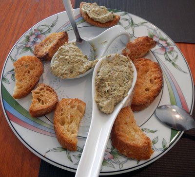 amuse bouche of tuna spread with toasts for 2